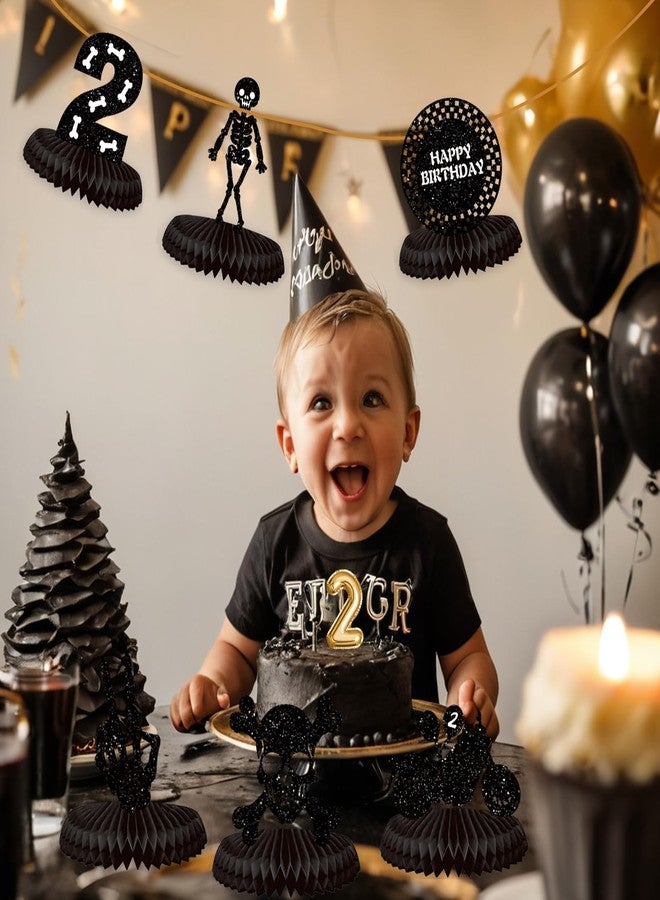Koeilay 8 Pcs Bad Two The Bone Birthday Party Decoration Rock and Roll Themed Honeycomb Table Centerpiece Glitter Black 2nd Birthday Decor Skeleton Cake Topper for 2 Year Old Birthday Party - Image 4